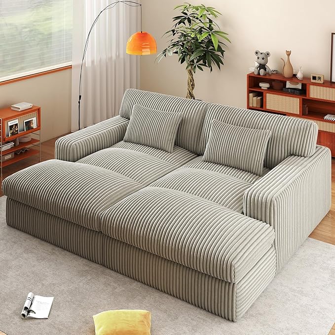 Cloud Couch Sofa Bed Oversized Chaise Lounge Chair Indoor 95.6” W Double Boneless Corduroy Upholstered Reading Chair Fluffy Sleeper Sofa Couches for Living Room No Assembly Required (Grey)