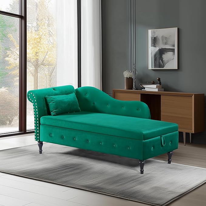 60 Modern Velvet Chaise Lounge IndoorUpholstered Lounge Chair with Left Armrest and Lumbar Pillow Button Tufted Lounge Sofa for Living Room Bedroom OfficeMini Chaise Longue Sofa (Green Storage)