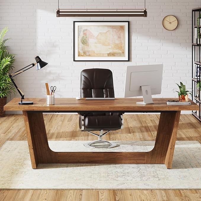Tribesigns 70.87-Inch Executive Computer Desk: Large Home Office Desk with Solid Wooden Pedestal Industrial Wood Study Writing Table Workstation Business Furniture Walnut