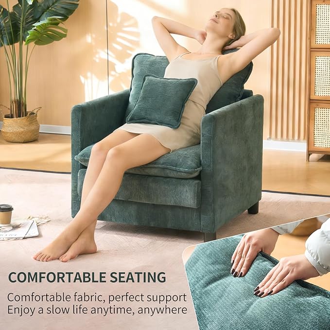 Modern Living Room Accent Chair Comfy Reading Armchair Oversized Chenille Upholstered Single Sofa Chair with Pillow for Bedroom Office Apartment Home Theater Indoor (Dark Green)
