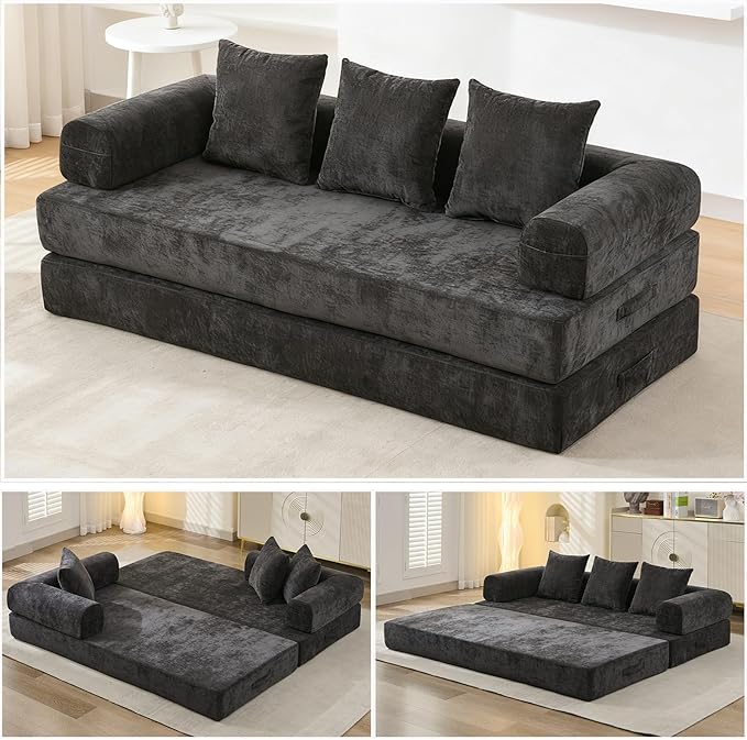 79 Inch 4-in-1 Convertible Sofa Bed Boneless Couches Chenille Folding Sleeper with Pull Out Bed Floor Futon Modular Lounge Loveseat compressed sofa No Assembly Required for Living Room (Black)