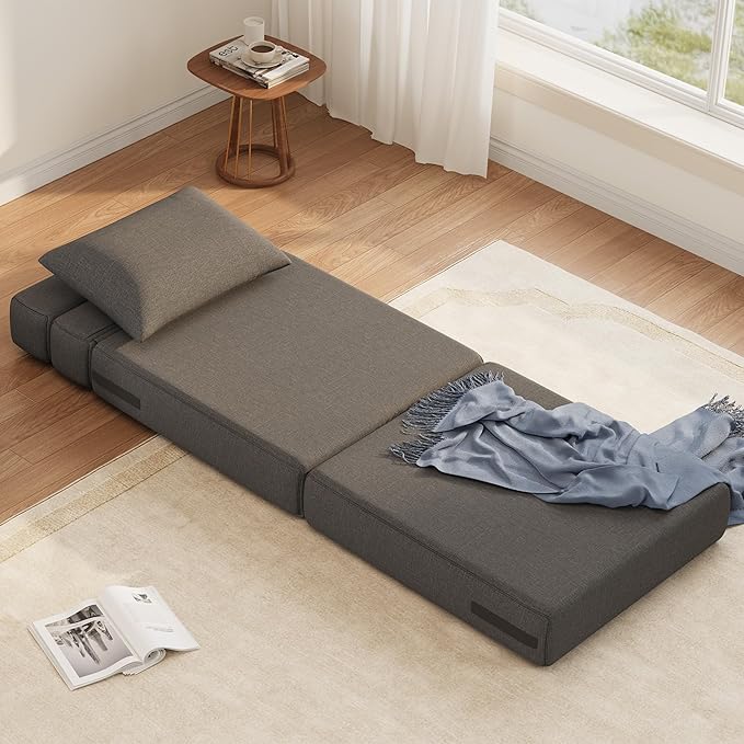 Folding Sofa Bed - Convertible Sleeper Chair with Upgraded Pillow Modern Comfortable Sleeper Couch Linen Fabric Foldable Memory Foam Sleepers Comfy Floor Sofa for Living Room Bedroom Single