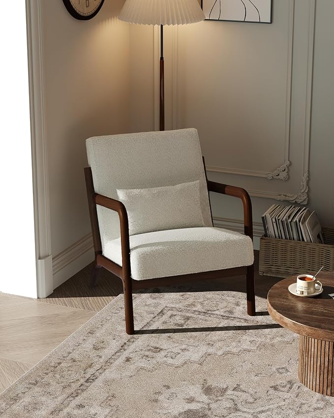 GarveeHome Mid-Century Accent Chair Cozy Sherpa Reading and Lounge Armchair with Lumbar Pillow Modern Wood Frame for Living Room Bedroom Office Beige