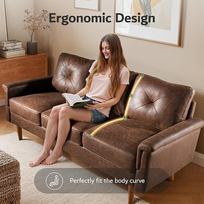 ovios Luxury 3 Seater Sofa with Faux LeatherMid-Century Modern Couch with Comfortable ArmrestComfy Couches with Deep SeatSmall Sofas for Living Room Bedroom (Dark Brown)