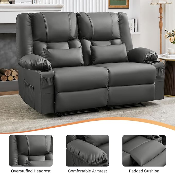 Grey Leather Reclining Loveseat with Massage/Heat/Pillow/USB/Cup Holders Oversized Loveseat Recliner for Living Room Manual Reclining Sofa for Adults 700 Lbs Capacity (Grey)