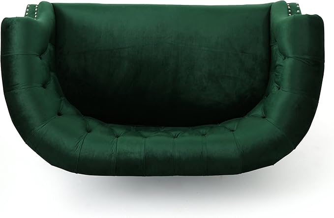 GDFStudio Melaina Tufted Chesterfield Velvet Loveseat with Scrolled Arms Emerald and Dark Brown.