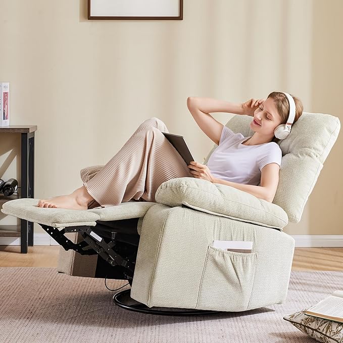 DUMOS Rocker Recliner Chair Swivel Recliner with Vibration Massage &amp Lumbar Heating 270° Rotating Chenille Fabric Recliner with footrest for Living Room &amp Bedroom Beige