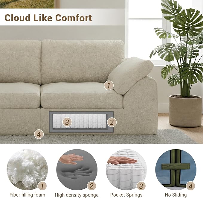 Cloud Sectional Couches 78.8 L-Shape Sofa with Ottoman Deep Seat Modular Sectional Couch Comfy Boneless Couch for Living Room &amp Bedroom Sherpa Fabric White