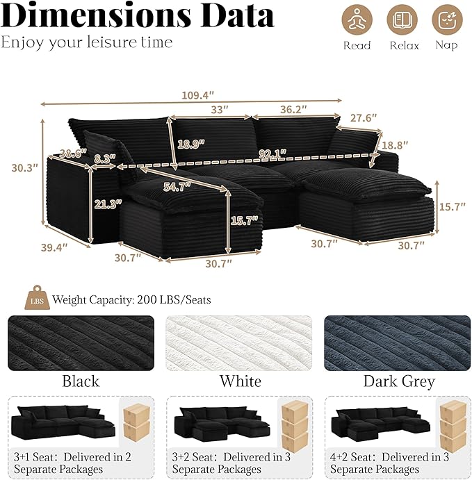 Modern U Shape Boneless Couch 109.4 Modular Sectional Sofa with 2 Ottoman Comfy Corduroy Cloud Sofa with Deep Seat &amp Double-Layer Cushion Convertible 5 Seater Sleeper Couches for Living RoomB
