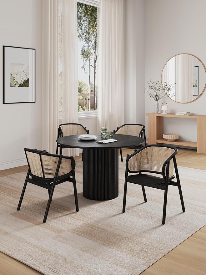 Manhattan Comfort Versailles Rattan Cane Accent Chairs Set of 1 - Solid Ash Wood Frame Ergonomic Curved Seat Fully Assembled Armchair for Living Room Black/Natural