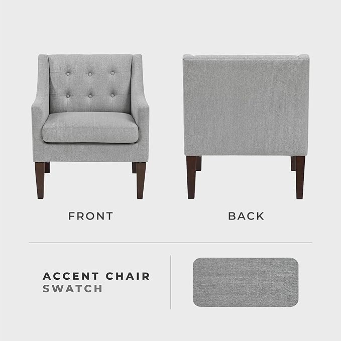 Lexicon Living Room Accent Chair Textured Fabric Upholstered Arm Chair with Button Tufted Back Sloped Arms and Wooden Legs Gray