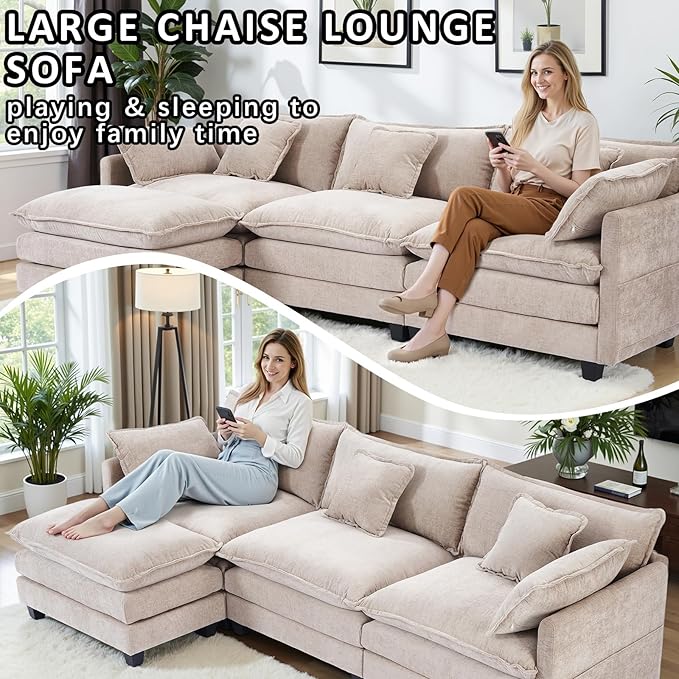 Gexpusm Modular Sectional Sofa108 L Shaped Couches for Living Room3 Seats Sofas with Movable OttomanCloud Sectional Couch with Deep SeatOversized Sleeper Sofa Boneless for Bedroom (Khaki)