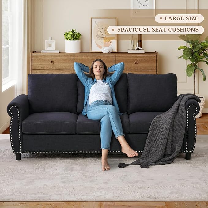 Queen Size Pull Out Sofa Bed 3 in 1 Linen Convertible 3-Seater Sleeper Sofa Bed with Memory Form Mattress Pull Out Couch with Nailhead Trim &amp Roll Arms for Living Room Bedroom Small Space(Grey