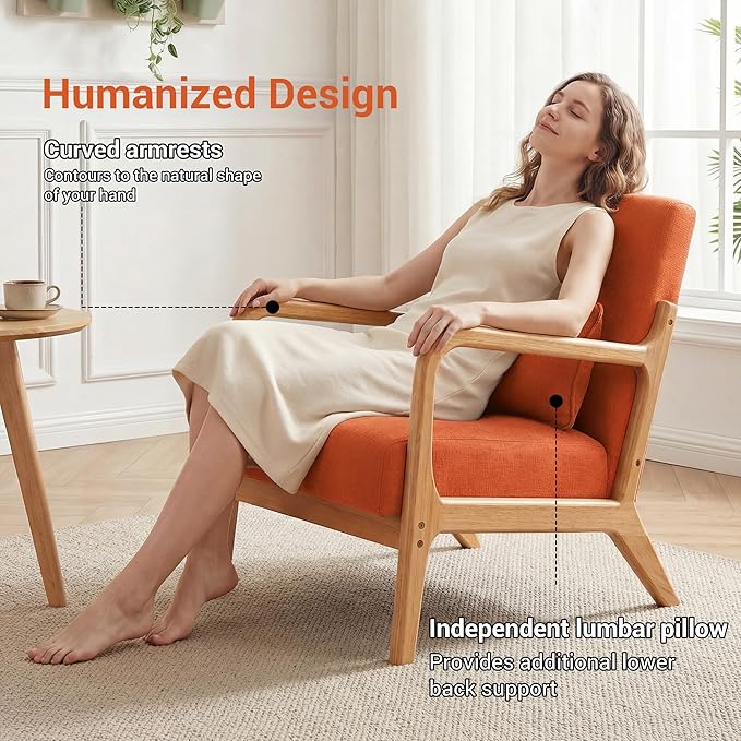 Mid Century Accent Chair Comfy Arm Chair with Solid Wood Frame Upholstered Modern Chair for Living Room Bedroom Waiting Room Orange