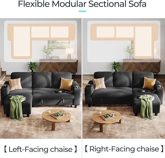 LINSY HOME Sectional Sleeper Sofa with Pull Out Couch Bed - Convertible Plush Corduroy Cloud Couch with Storage Chaise &amp USB Charging Comfy L Shaped Modular Couches for Living Room Apartment Bla