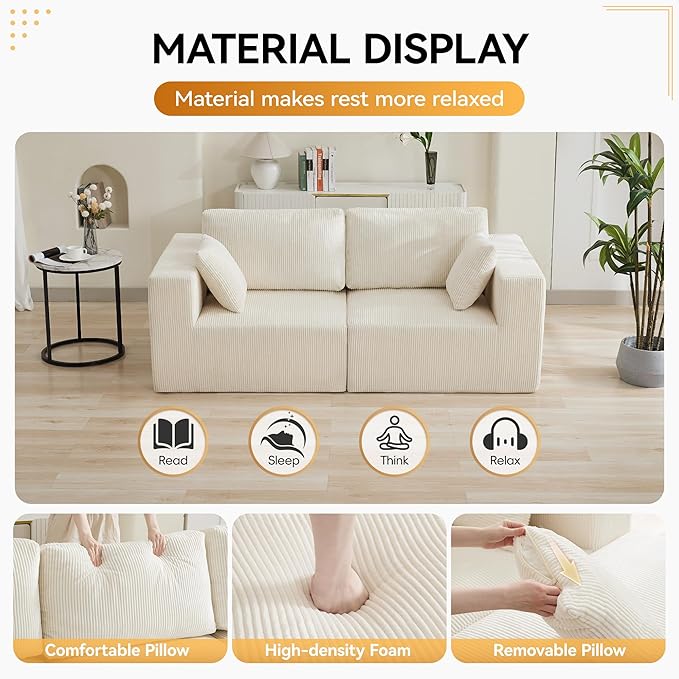 83'' Boneless Loveseat Sofa Comfy Deep Seat Sectional Cloud Couch No Assembly Corduroy Love Seat for Living Room Beige