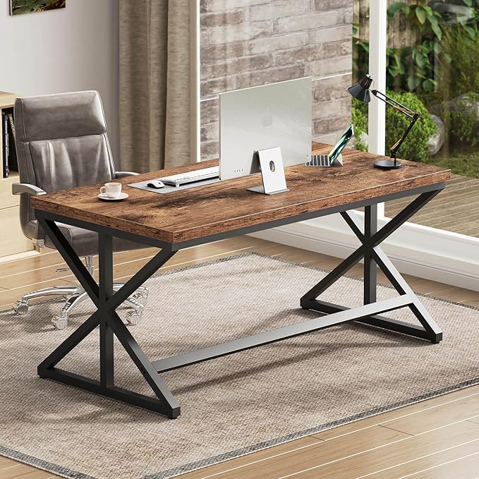 IBF 55” Rustic Computer Desk Industrial Brown Home Office Desk Wooden Metal Executive Pc Computer Desk Table Wood Student Gaming Study Computer Table for Bedroom Living Room Rustic Brown 55 Inch