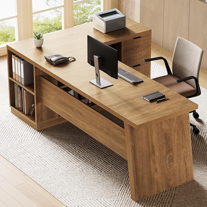 LITTLE TREE 78-Inch L-Shaped Executive Desk Modern Desk with Drawers &amp File Cabinet Large Walnut Office Workstation with Storage Shelves for Home Office