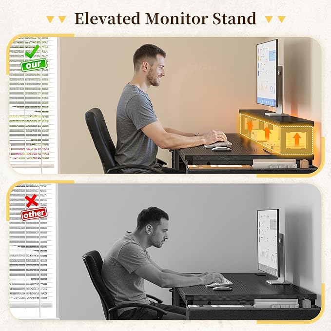55 Computer Desk with Drawers &amp Storage Bag Gaming Desk with Power Outlets and LED Lights Office Desk with Monitor Stand for Bedroom Gaming Room Study Work Home Office Black