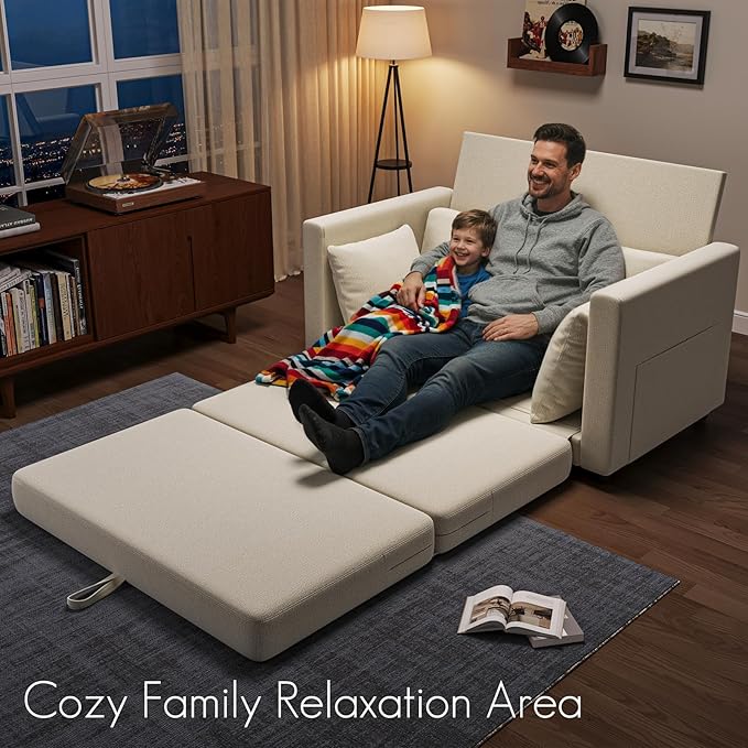 Convertible Sofa Bed 2 in 1 Pull Out Loveseat Sleeper Sofa | 78.7” Folding Floor Sofa Bed for Guest Room Bedroom | Ivory White
