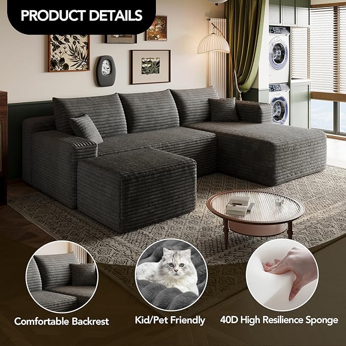 96 U-Shape Boneless Modular Sectional Cloud Couch with Chaise -Modern Comfy Corduroy couches for Living Room-Memory Foam SofaNo Assembly Required(Dark Grey96 Right Facing Chaise+Ottoman)