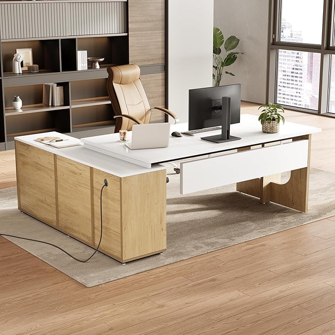 LITTLE TREE 74-Inch Executive L-Shaped Desk with Storage Cabinet &amp Shelves Large Home Office Computer Desk Modern Business Workstation for Professionals (Oak &amp White)