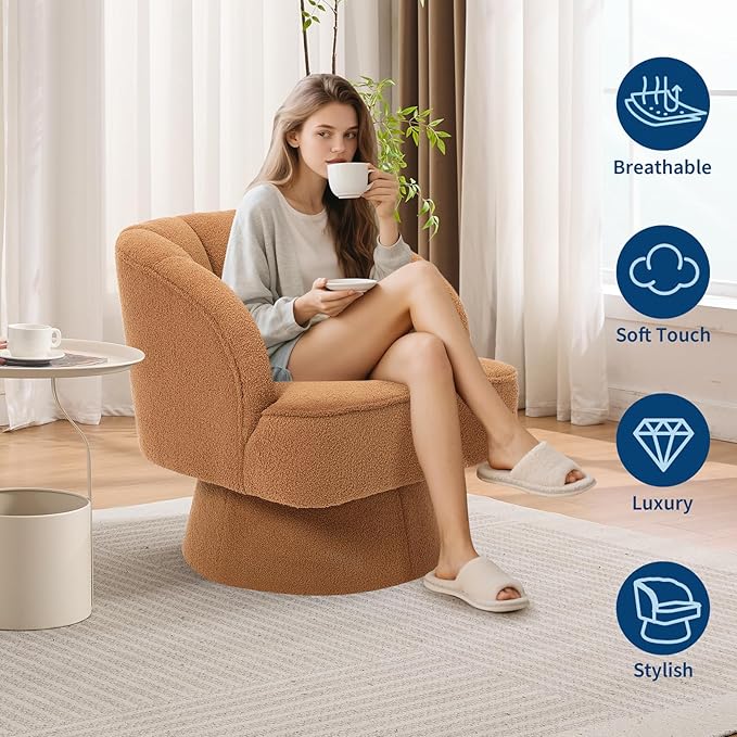 Mid Century Modern Swivel Barrel Chair - 360° Swivel Accent Chair with Plush Velvet Upholstery &amp Wide Cushioned Seat Round Lounge Sofa Chair for Living Room Bedroom Office (Brown 1 PCS)
