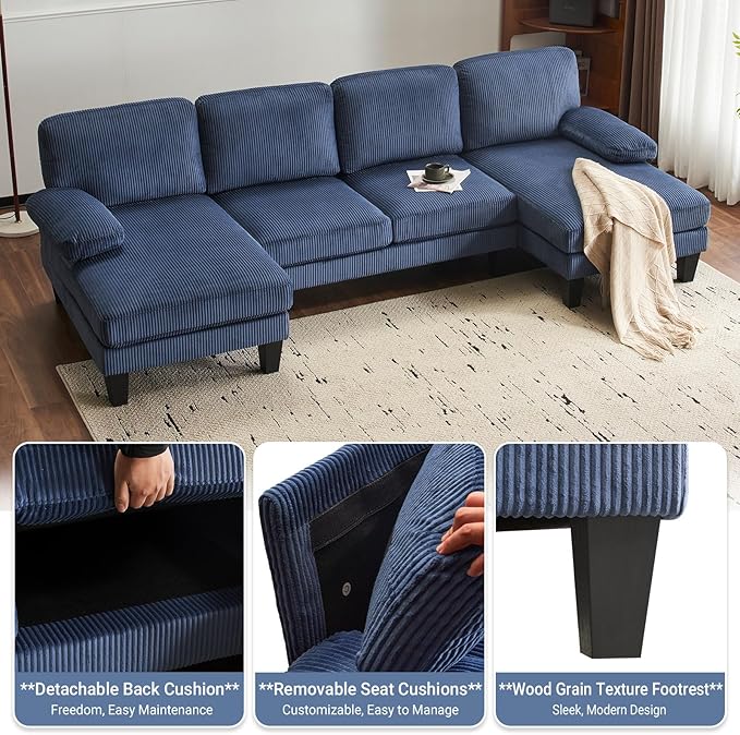 VINGLI 110 Sectional Couches for Living RoomU Shaped Couch with Double Chaise 4-Seat Sofa Set with Corduroy Fabric for Home FurnitureOcean Blue