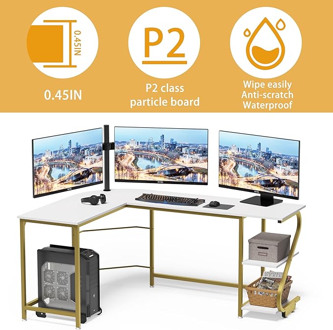 Weehom L Shape Desk with Shelves Computer Desk Monitor Shelf and Printer Storage Round Corner Table for Home Office White Gold