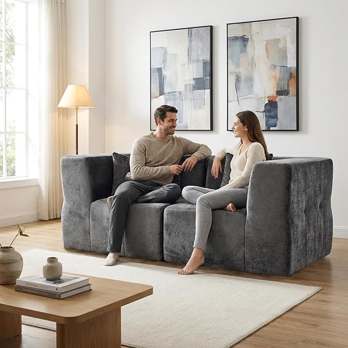 · REDEARTH · Love Seat Modular Velvet Sectional Sofa No-Assembly Compressed Couch in a Box Firm Support Boneless Modular System in Plush Velvet for Living Room (2-Seater) Dark Gray