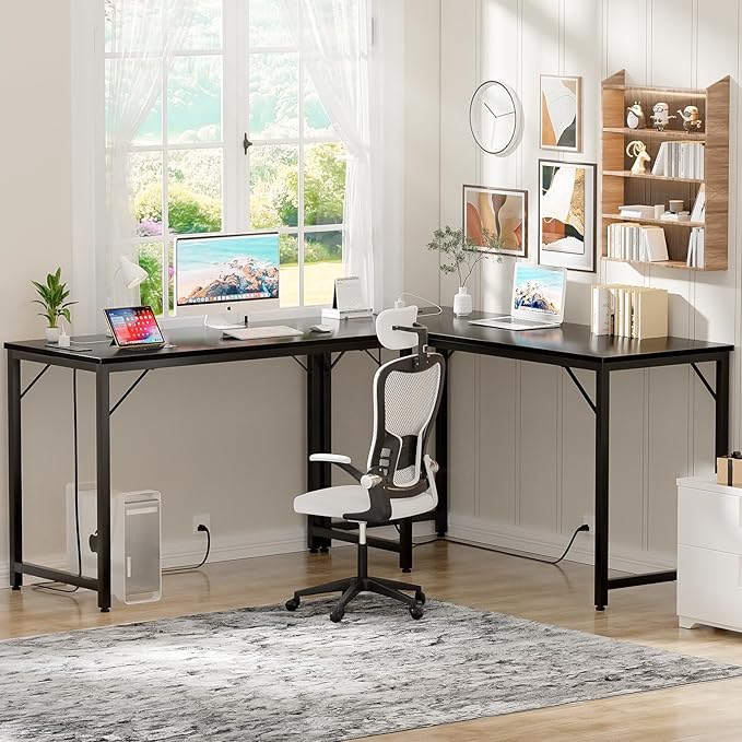 47 Inch Computer Desk with Magic Power Outlets and USB Charging Ports Modern Home Office Desks Sturdy Simple Writing Table Laptop PC Gaming Desk for Bedroom Workstation Black 2 Pack