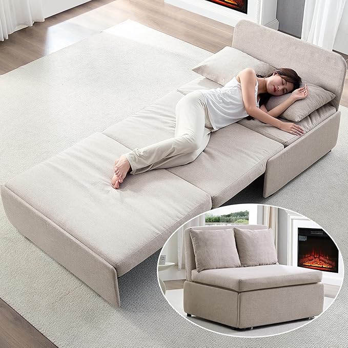 PUREMIND Twin Sofa Bed Twin Size Pull Out Sofa Beds with 2 Pillows&amp Tri-fold Mattress Linen Chair Bed Pull Out Couch Beds for Small Place Apartment Beige