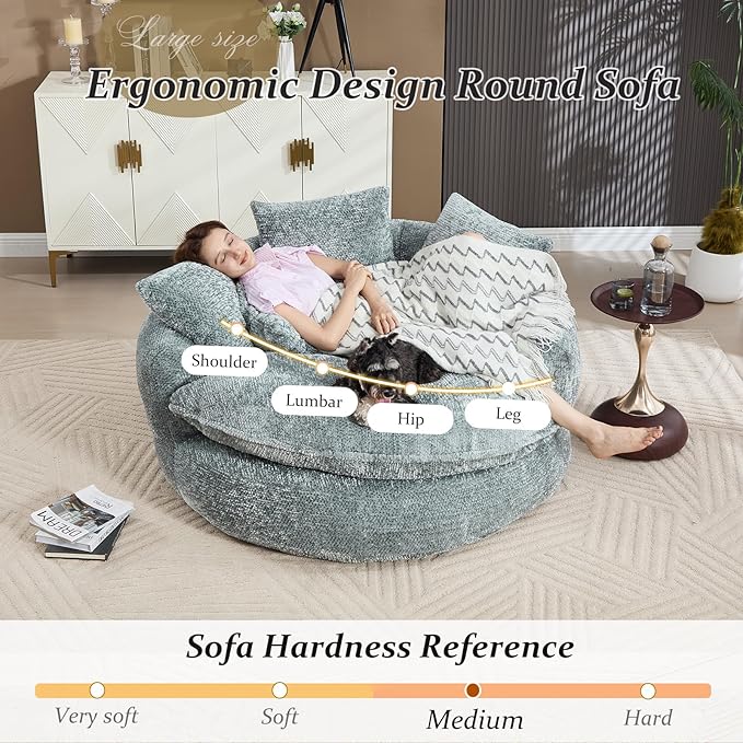 54 Oversized Round Chair Couch Lounge Chaise Indoor Comfy Boneless Sofa for Living Room Cloud Large Circle Couch Chair with 5 Pillows Fluffy Modern Sleeper Sofa Bed for Reading (Blue Gray)