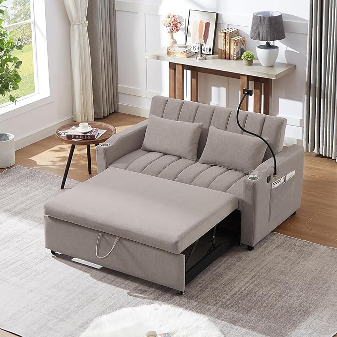 Pull Out Sofa Bed 55.9 Convertible Sofa Bed with 360°Swivel Phone Holderm Two Side Pockets Two Cup Holders 3 Level Adjustable Backrest Bella Fabric Loveseat Sofa (Light Grey * Loveseat90)