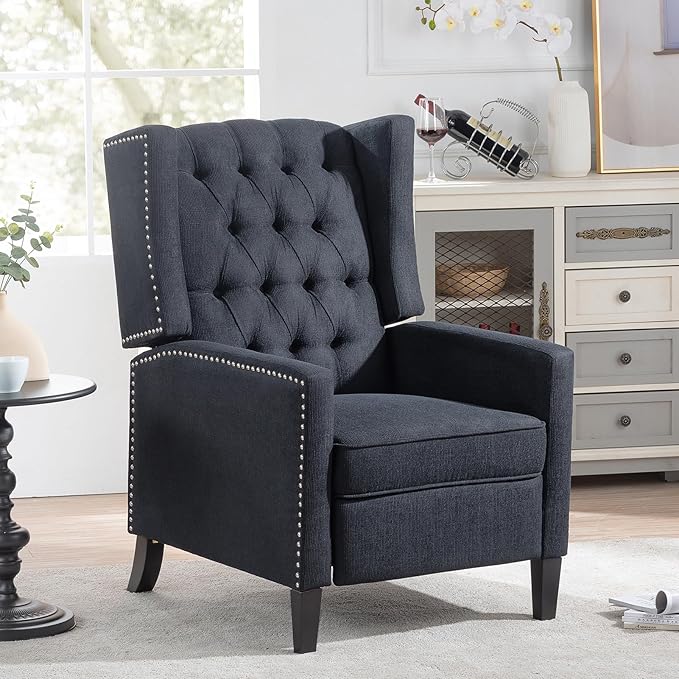 Wing Back Recliner Chair for Living Room Push Back Reclining Chairs Club Accent Chair Lounge Armchair Comfy Fabric Arm Chair with Rivet Decoration Tufted Back Solid Wood Legs Black