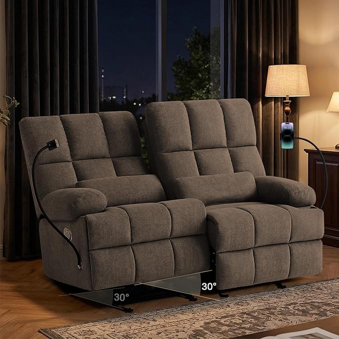 Rocker Recliner-Loveseat Recliner SofaCat-Proof Reclining Loveseat with Phone Holder RV Douber Recliner Sofa for Home TheaterLiving Room (Brown-2 Seater) | Rocker Recliner Phone Holder