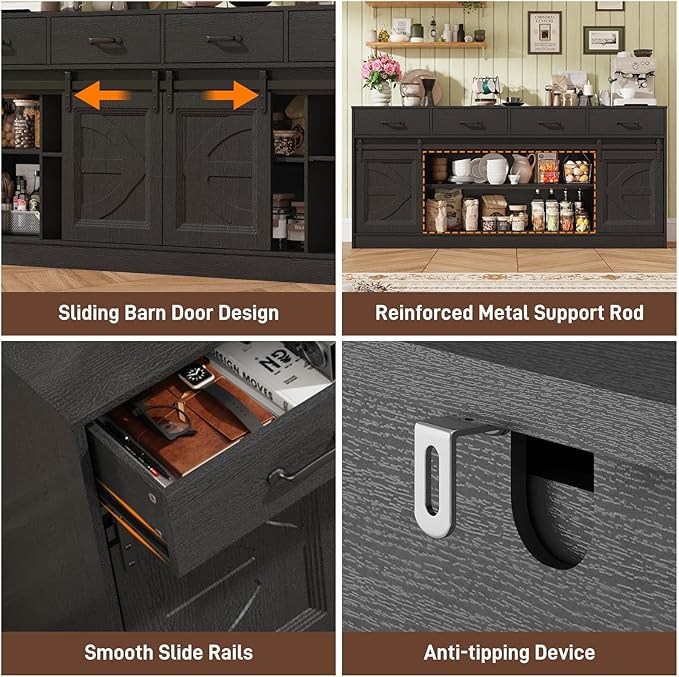 St.Mandyu 70 Large Farmhouse TV Stand for 85/80/75/70 Inch TVs w/4 DrawersRustic Tall Media Console w/Sliding Barn Door Adjustable ShelvesTall Entertainment Center for Living RoomBlack
