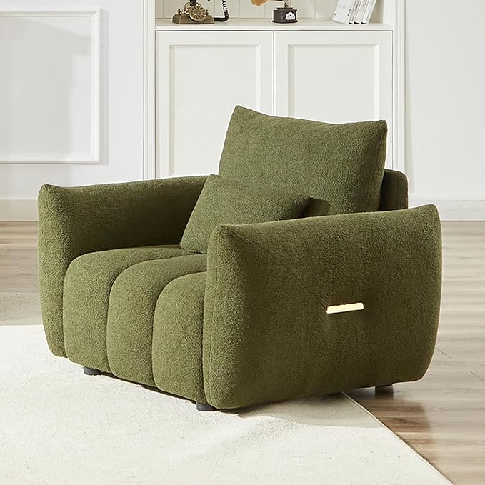 Modern Accent Chair with One Pillow 36.8'' Teddy Fabric Upholstered Sofa with Solid Wood Frame Single Sofa Lounge Chair for Apartment Office Living Room (Green * Pillow98)