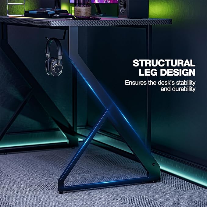 Grandder Gaming Desk Z Shaped 40 Inch Gamer Workstation Home Computer Carbon Fiber Surface Gaming Desk PC Table with Headphone Hook Carbon Fiber Black