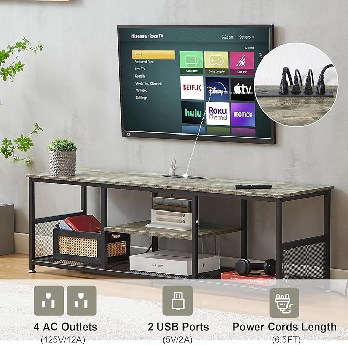 VECELO TV Stand with Power Outlets for Televisions up to 75Inch 62 Media Entertainment Center with Charging Station 3-Tier Open Storage Shelves with Metal Frame for Living Room/BedroomGrey