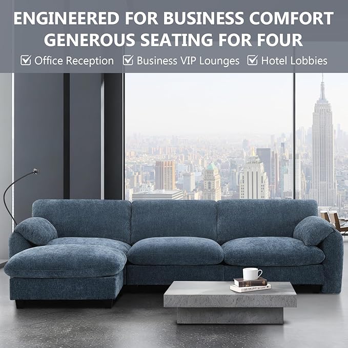 108 Side Storage Office Sofa L-Shaped Modular Sectional Sofa with Phone Holder &amp USB Blue Gray Chenille Fabric 4-Seat Business Couch with Movable Ottoman for Office Reception Commercial