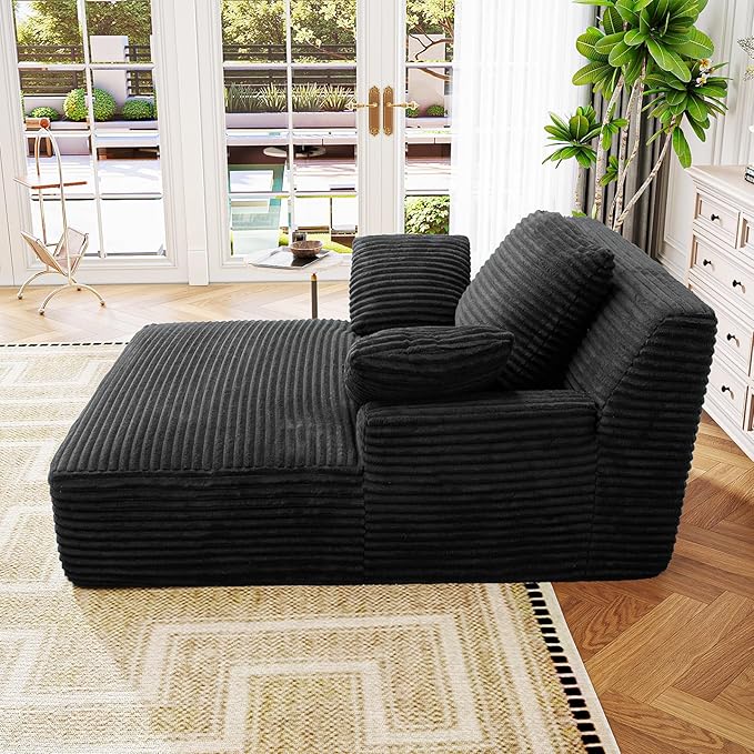 Oversized Chaise Lounge Chair Indoor Corduroy Upholstered Boneless Sofa Bed Deep Seat Sleeper Couch Reading Chairs Cloud Sofas for Living Room No Assembly Required (Black Single Size)