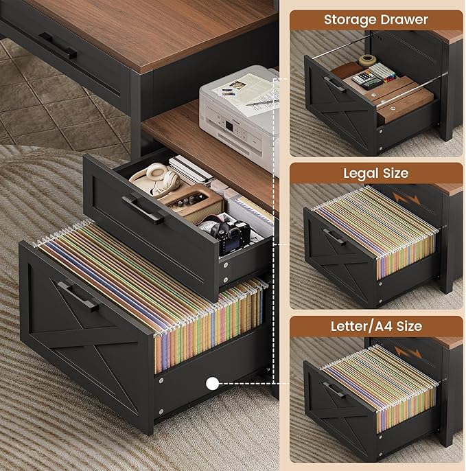 SEDETA Farmhouse Home Office Desk with File Drawer &amp Power Outlet Computer Desk with 4 Drawer Storage Shelves Printer Cabinet and Monitor Shelf Gaming Desk with Led Lights Black Brown