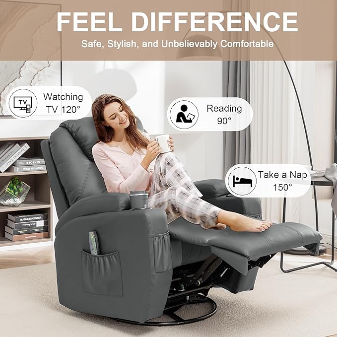 Recliner Chair Rocking Chair with Massage and Heat 360° Swivel Recliner Chairs for Adults Rocker Manual Recliner with Remote Control and Cup Holder for Living Room Bedroom Nursery