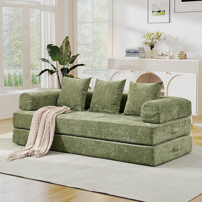 3 in 1 Convertible Futon Sofa Bed Modern King Size Chenille Loveseat Sleeper Sofa Folding 3-Seater Foldable Lounger Couch Bed for Living Room Bedroom Guest Room (Green 3 Throw Pillows)