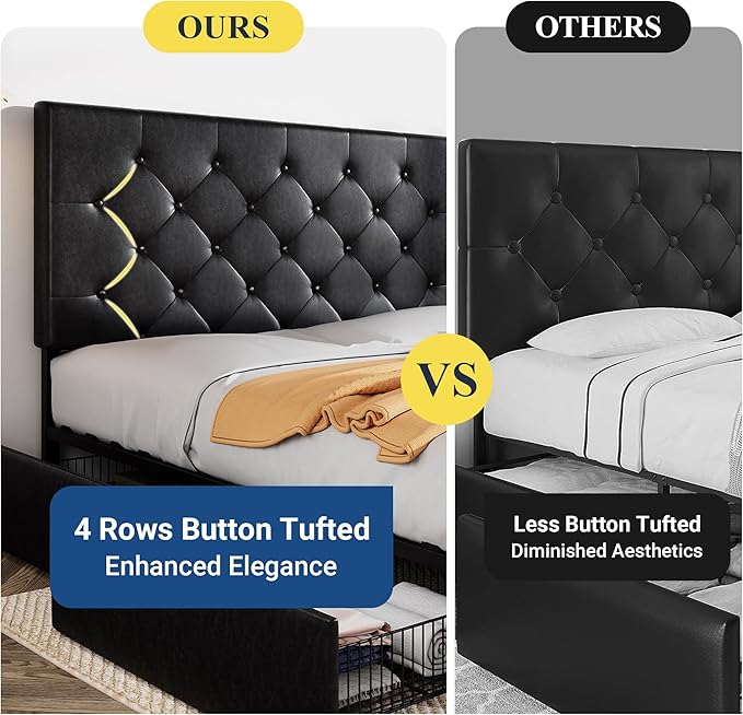 Allewie Upholstered Queen Size Platform Bed Frame with 4 Storage Drawers and Headboard Diamond Stitched Button Tufted Mattress Foundation with Wooden Slats Support No Box Spring Needed Black