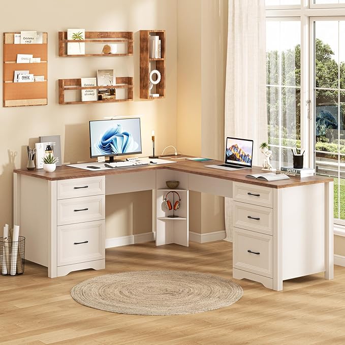 Farmhouse Home Office Desk with 6 Drawers L Shaped Executive Desk with Power Outlets and Triangle Under-Desk Storage Shelf &amp Drawer File Cabinet Corner Computer Desk Brown