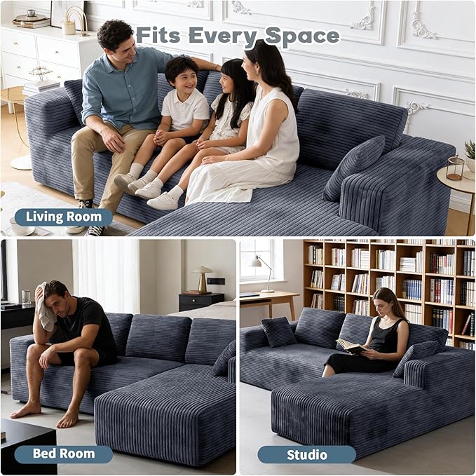 106 Corduroy Sectional Couch Boneless L Shaped Couch with Deep Seat Cloud Foam Sofa with Oversized Chaise Sectional Sofa No Assembly Needed for Living Room