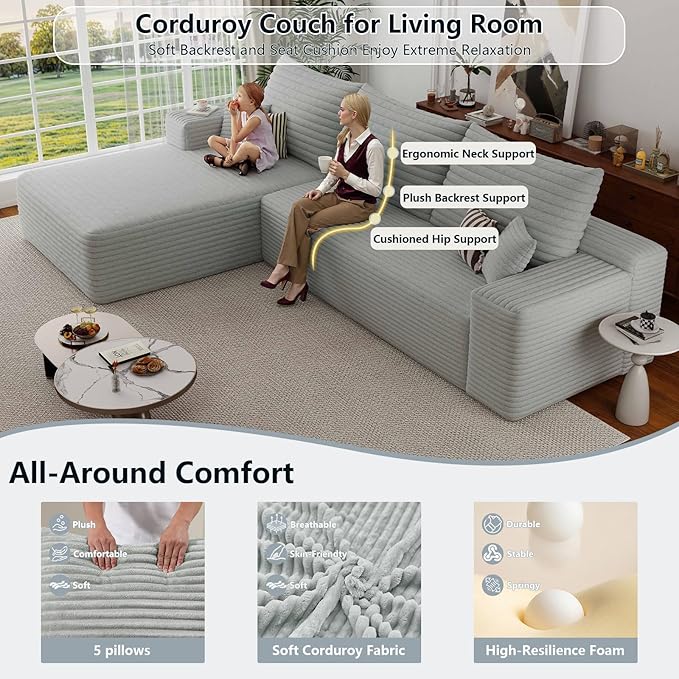 107.5 Cloud Sectional Couch with L-Shape Chaise Corduroy Boneless Couch for Living Room Modern Memory Foam Sofa with Deep SeatNo Assembly Required(GrayLeft Facing Chaise)