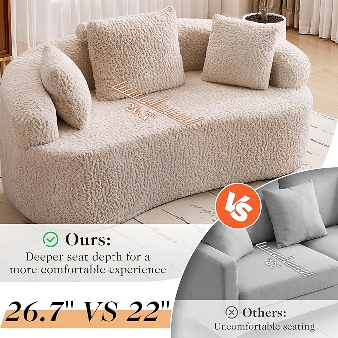 Curved Loveseat Sofa Couch Luxury Deep Seat Loveseat Sofa Couch for Small Place Modern Cloud Couch Floor Couch with 3 Pillows for Living Room &amp Bedroom No Assembly Required (Beige)